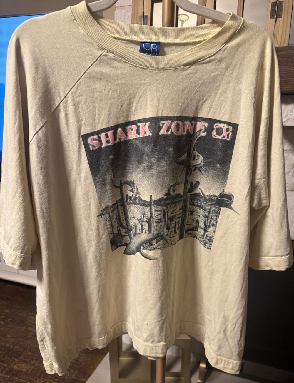 1988 Ocean Pacific Shark Zone Shark Graphic Cotton T-Shirt Beige XL Made USA